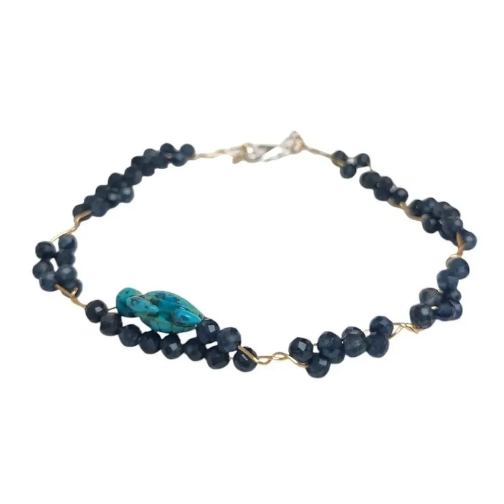 Blue Turquoise Turtle Sapphire Stone Wire Wrapped Bracelet Artisan Southwest 8
